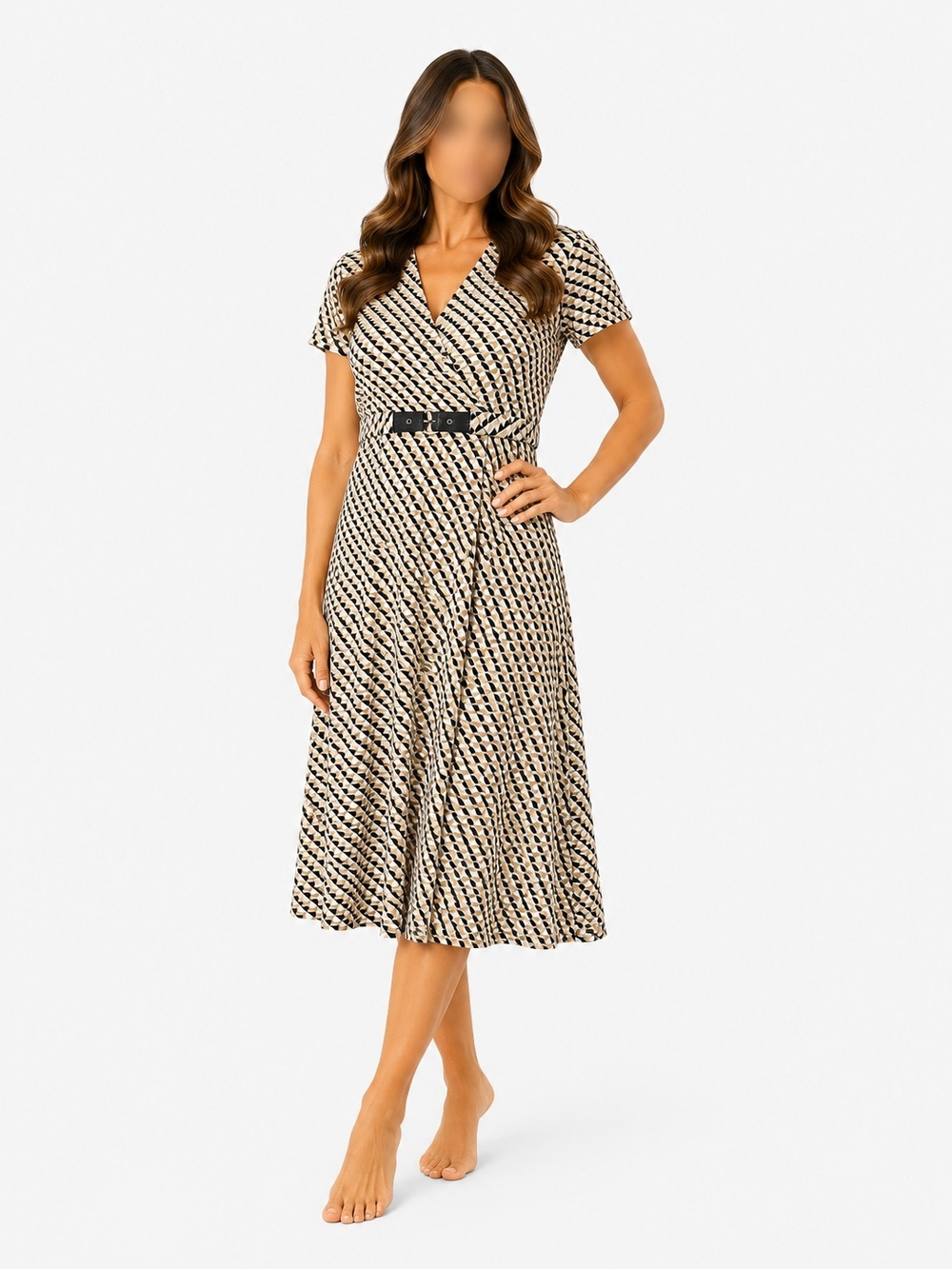 🔥2 For 39$🔥Suzy Shier Beige & Black Geometric Midi Wrap Dress with Belt